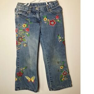Mini Boden Girls Blue Embroidered Floral Butterfly Denim Jeans Size 5-6Y 32120
